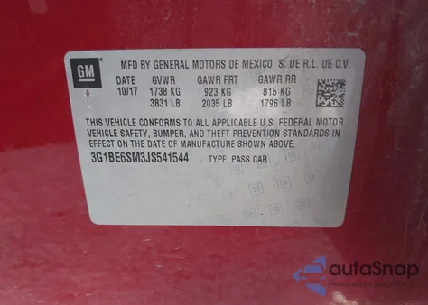 2018 Chevrolet Cruze Lt Auto из США, поврежденный, VIN 3G1BE6SM3JS541544